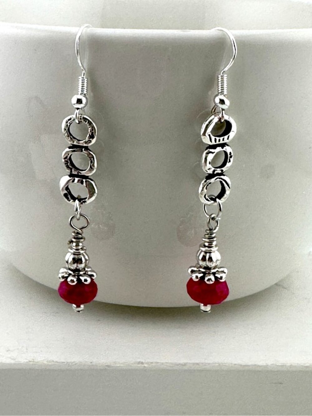Hot Pink Jade Earrings Sterling Silver Ear Wires Modern Dangle Handmade 2.4"